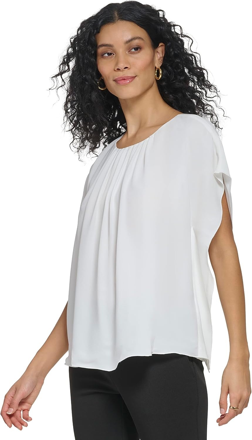 image:imageDKNY Womens Cap Sleeve Business Casual BlouseBright White