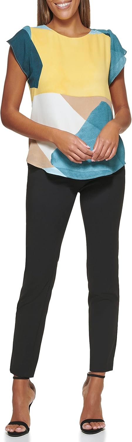 image:imageDKNY Womens Cap Sleeve Business Casual BlouseEucalyptus Combo