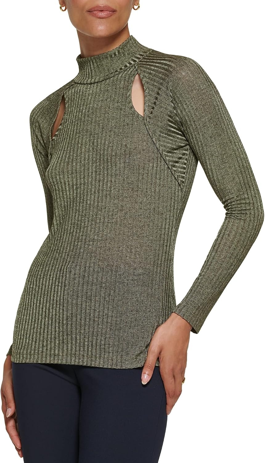 image:imageDKNY Womens Long Sleeve Cutout Knit BlouseOlive