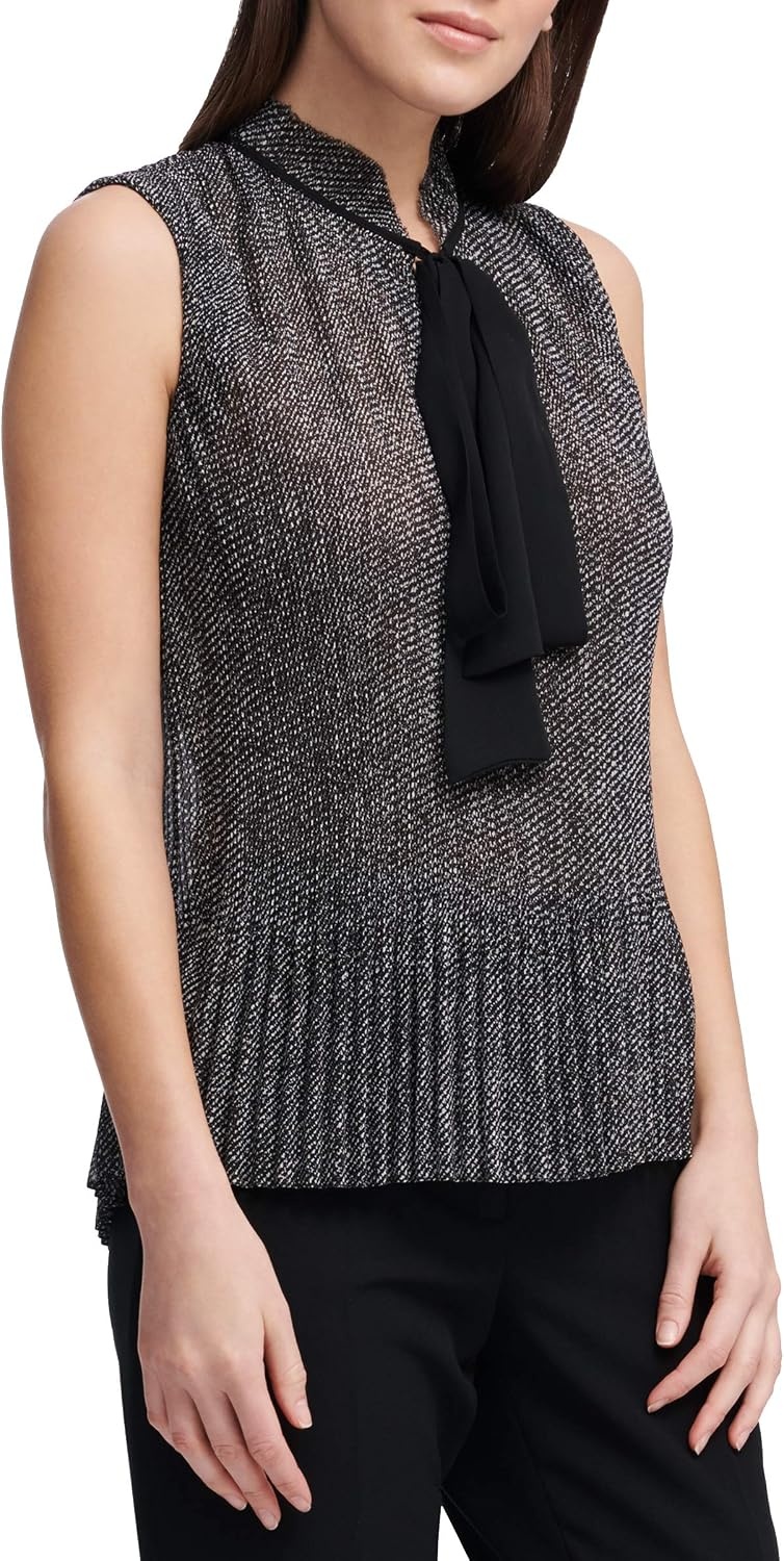 image:imageDKNY Womens Sleeveless Neck Tie BlouseBlackWhite