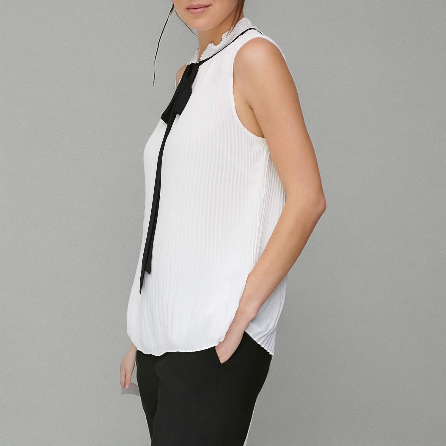 image:imageDKNY Womens Sleeveless Neck Tie BlouseWhiteBlack