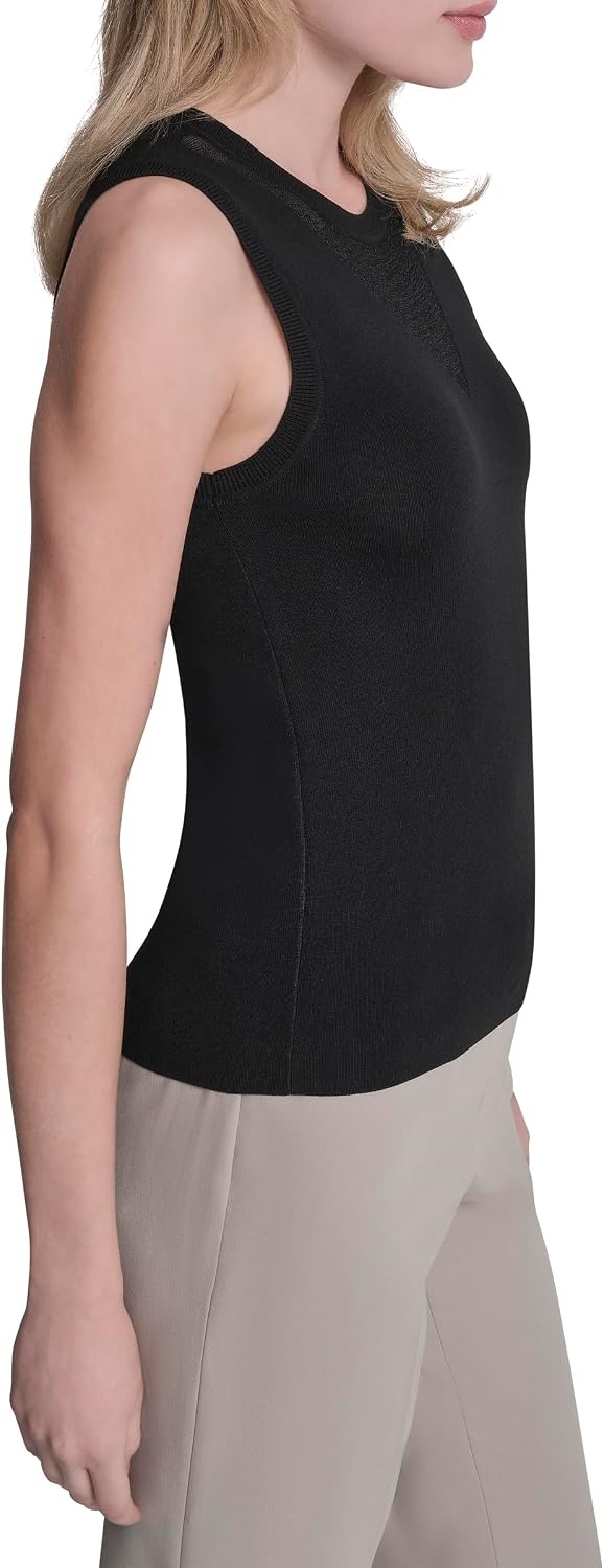 image:imageDKNY Womens Sleeveless Sweater with VNeck Sheer PanelBlack