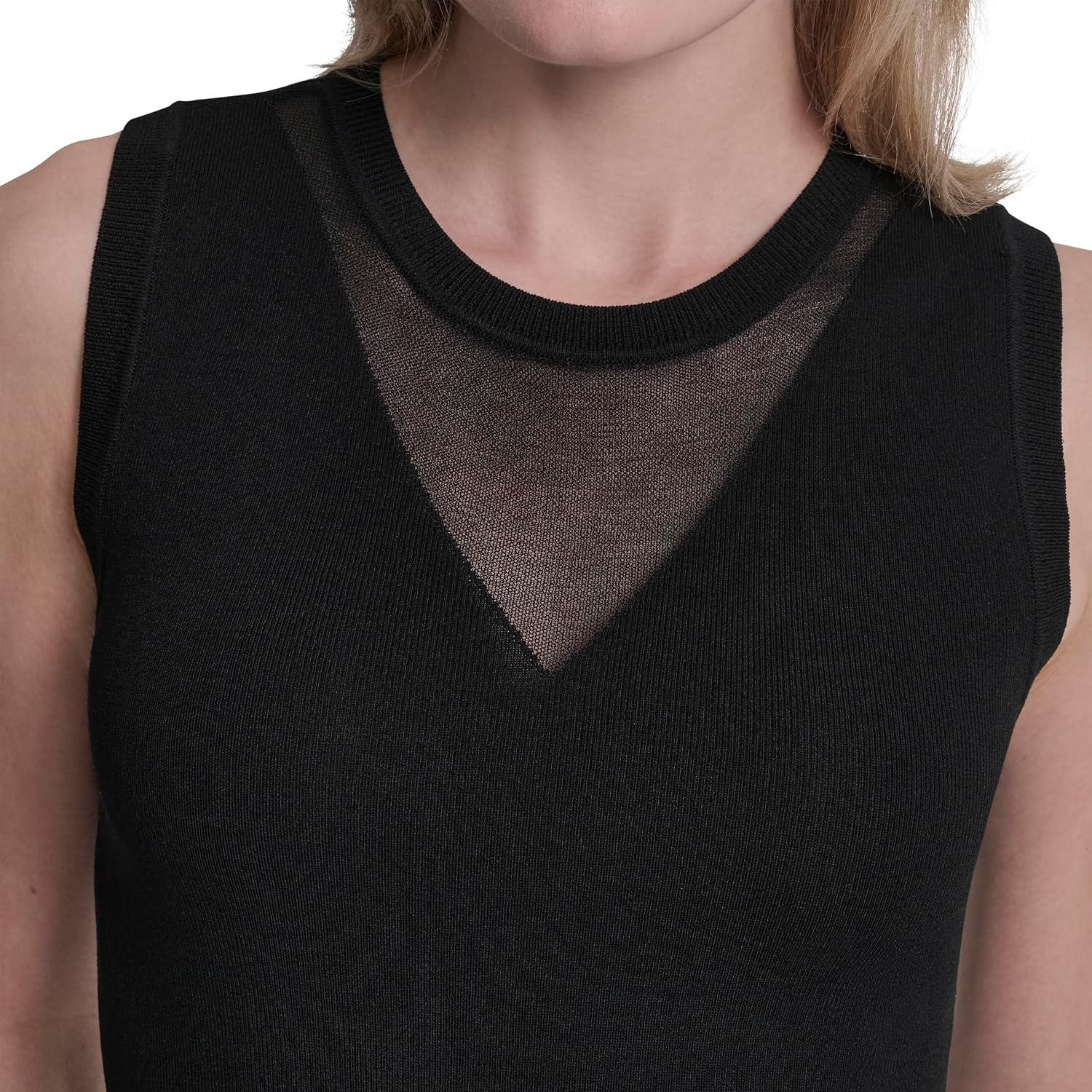 image:imageDKNY Womens Sleeveless Sweater with VNeck Sheer PanelBlack