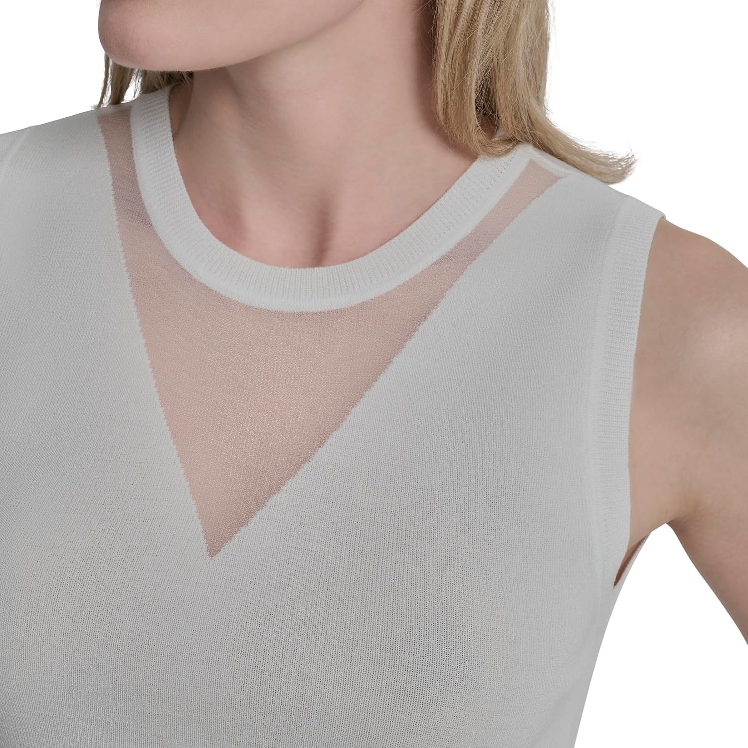 image:imageDKNY Womens Sleeveless Sweater with VNeck Sheer PanelIvory