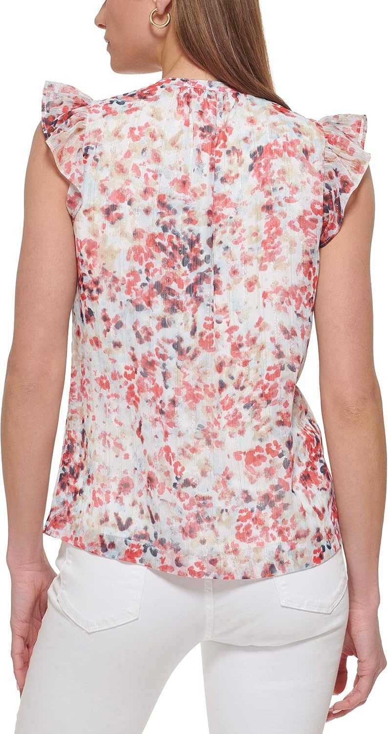 image:imageDKNY womens Dkny Sleeveless Ruffle BlouseBlue Multi