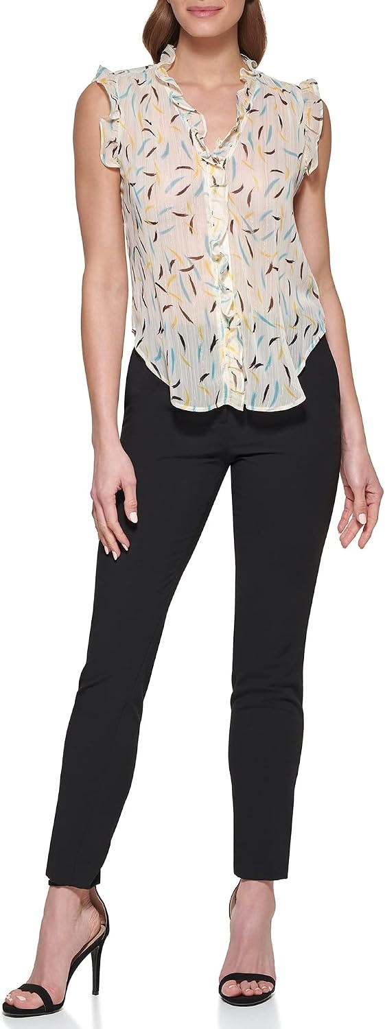 image:imageDKNY womens Dkny Sleeveless Ruffle BlouseParchment