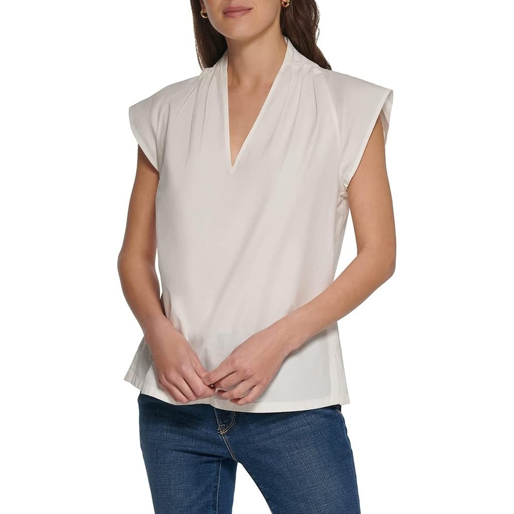 image:imageDKNY Womens Cap Sleeve Business Casual BlouseLinen White