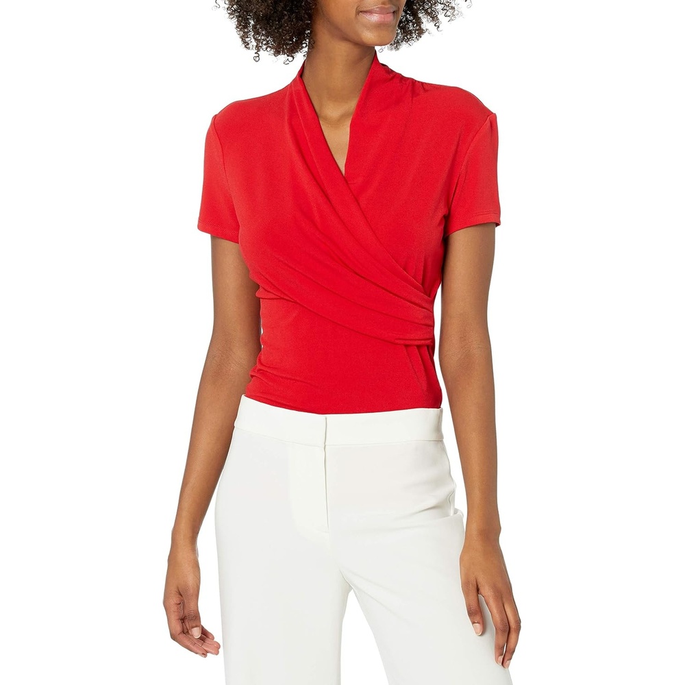 image:imageDKNY Womens Short Sleeve Cross Front Suit BlousePoppy