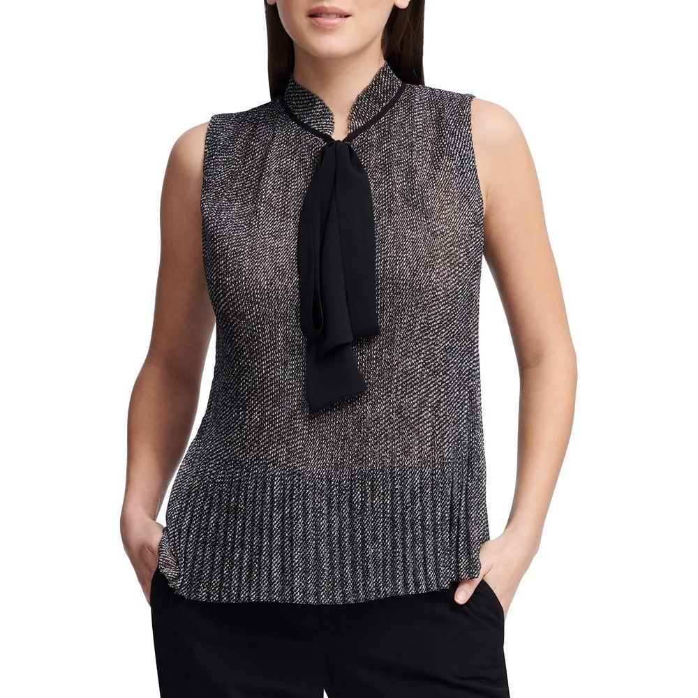 image:imageDKNY Womens Sleeveless Neck Tie BlouseBlackWhite