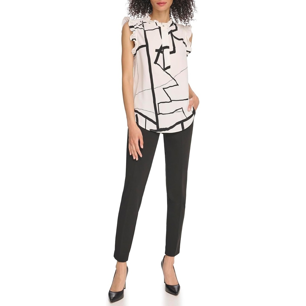 image:imageDKNY Womens Sleeveless Ruffle Trim BlouseIvoryBlack