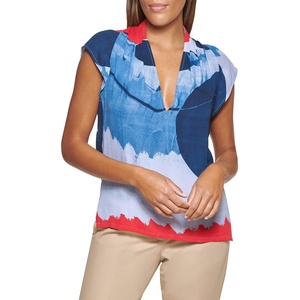 DKNY Women’s Cap Sleeve Business Casual Blouse(Navy/Red)