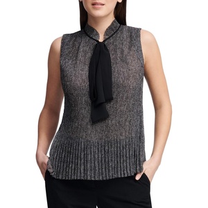 DKNY Womens Sleeveless Neck Tie Blouse(Black/White)