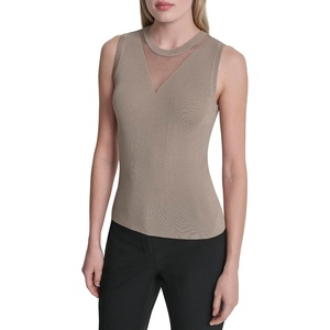 DKNY Women’s Sleeveless Sweater with V-Neck Sheer Panel(Pebble)