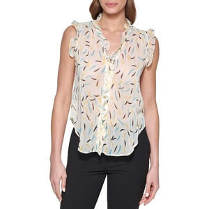 DKNY womens Dkny Sleeveless Ruffle Blouse(Parchment)