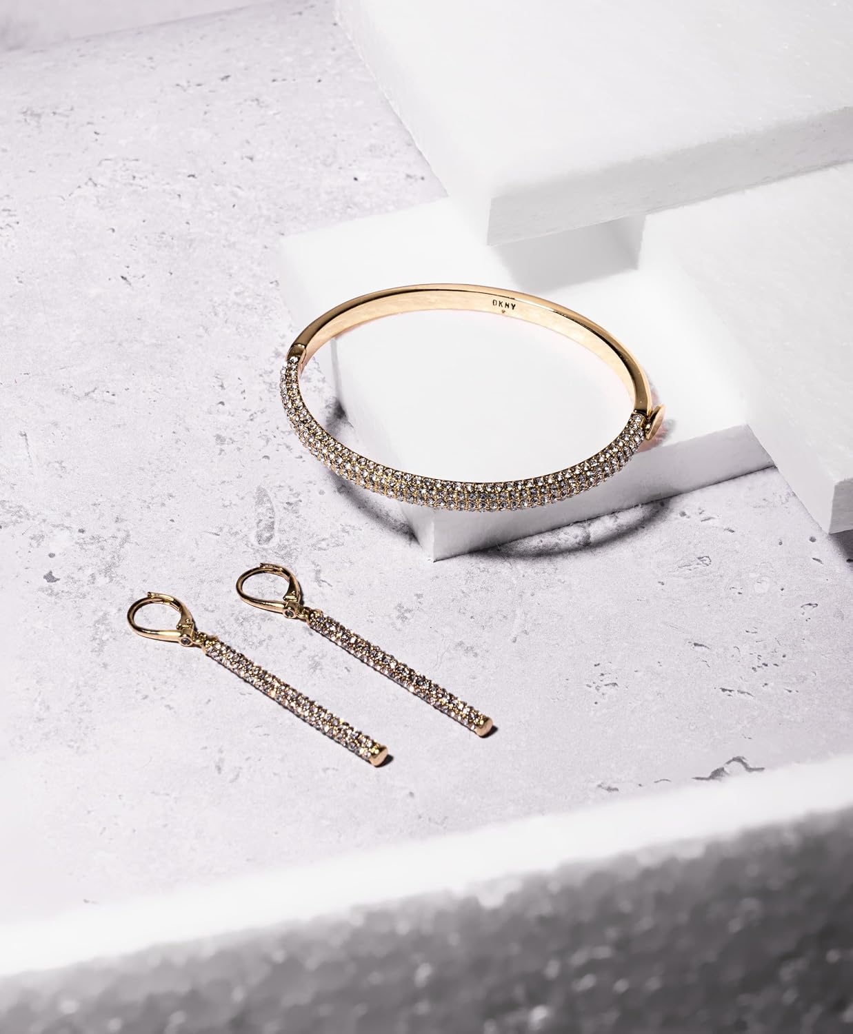 image:imageDKNY GoldTone Micropav Linear Drop Earrings Beautiful Womens Jewelry GoldTone amp Crystal Dangle Earrings