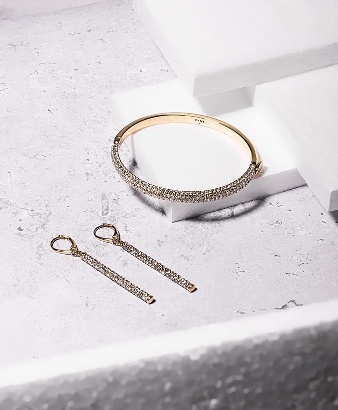 image:imageDKNY GoldTone Micropav Linear Drop Earrings Beautiful Womens Jewelry GoldTone amp Crystal Dangle Earrings