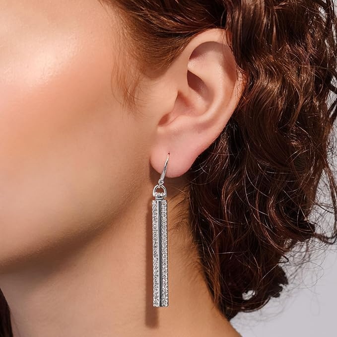 image:imageDKNY Pav Linear Drop Earrings Glittering Crystal Earrings Beautiful Womens Jewelry Silver amp Crystal