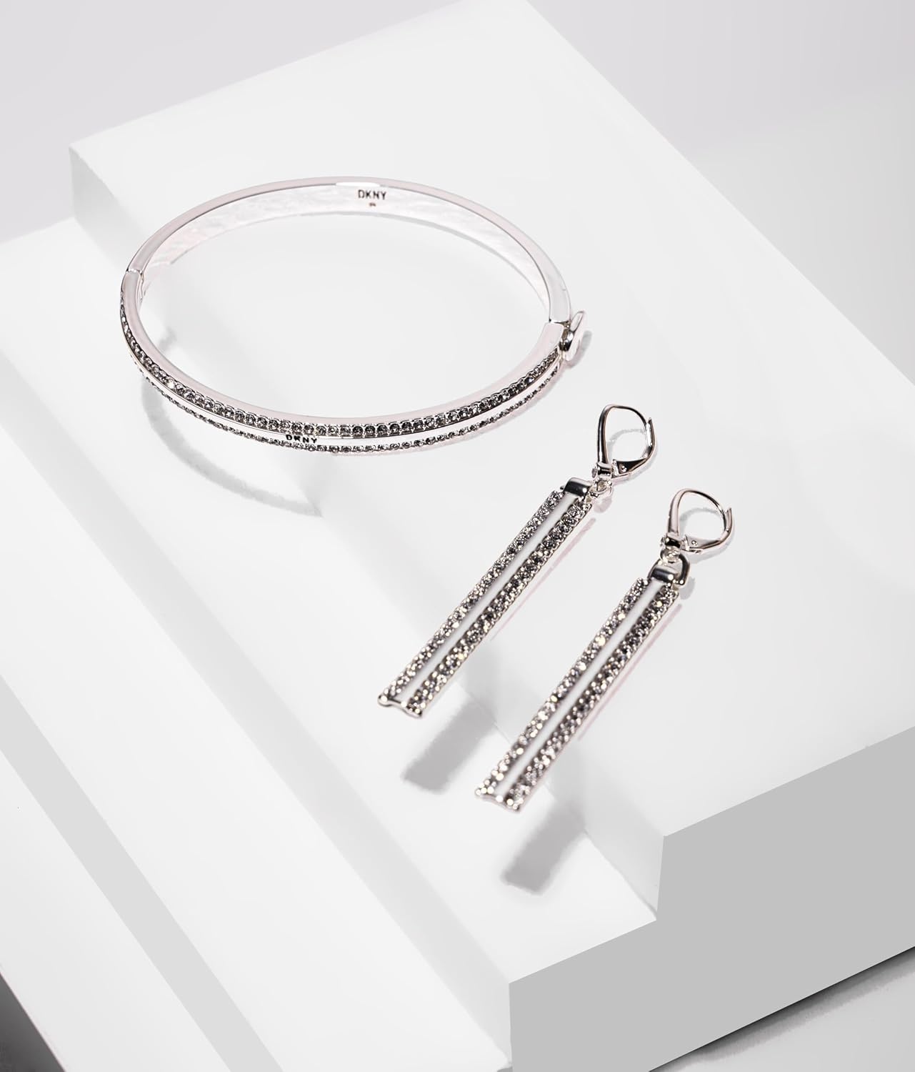 image:imageDKNY Pav Linear Drop Earrings Glittering Crystal Earrings Beautiful Womens Jewelry Silver amp Crystal