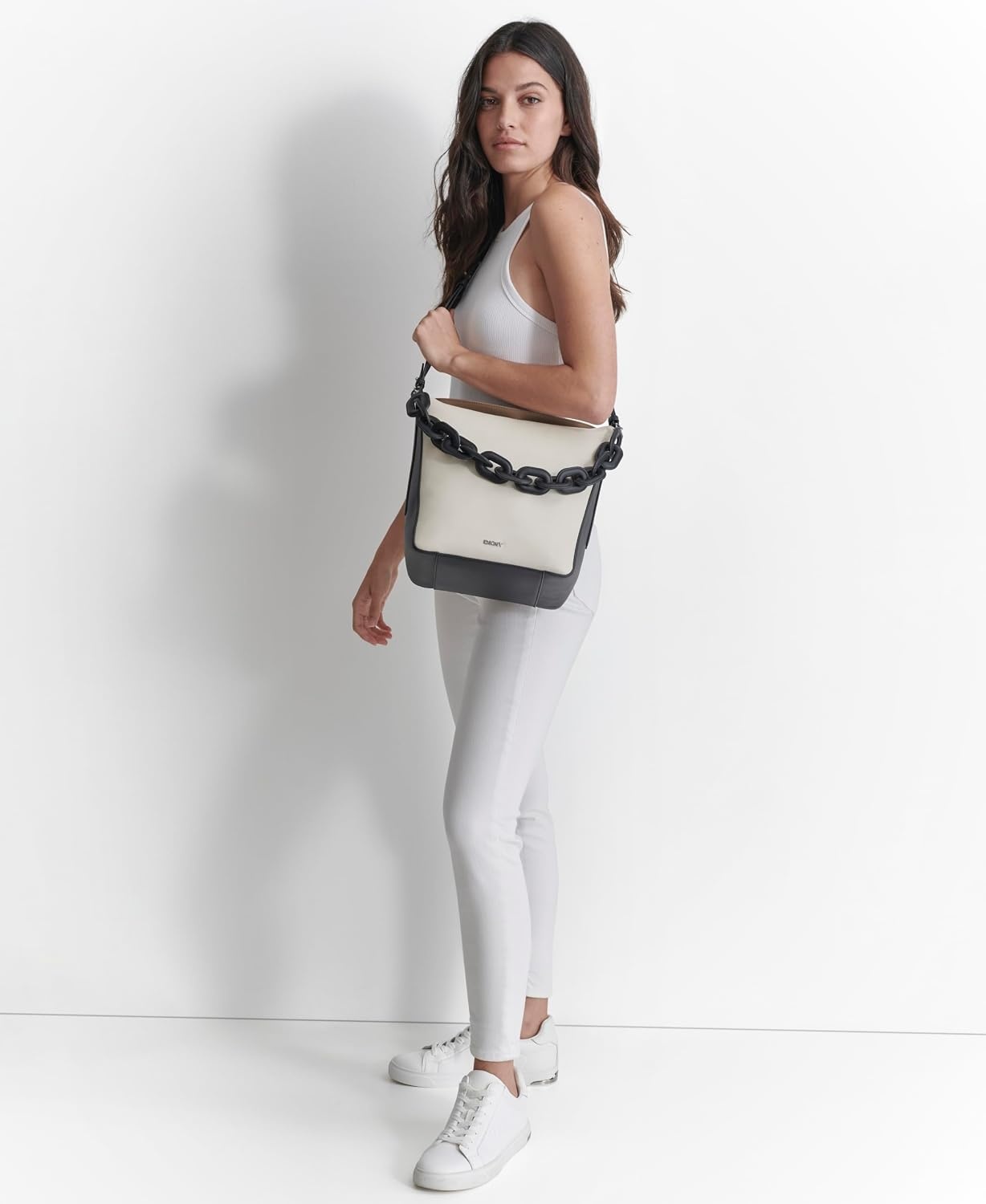 image:imageDKNY Womens Aspen Mini Chain Handle Hobo BagIvoryShitakeBlack