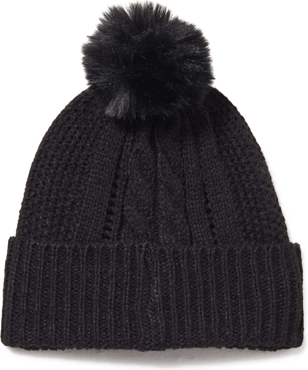 image:imageDKNY Womens Cable Knit Hat with Faux Fur PomBlack