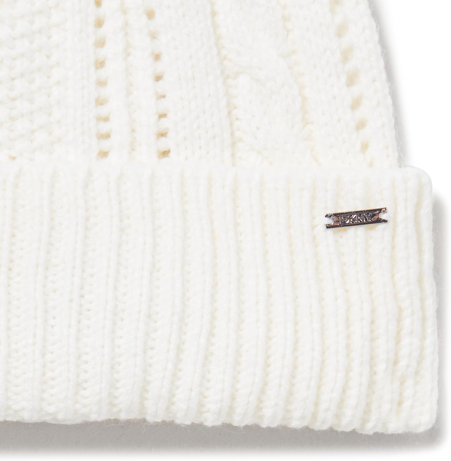 image:imageDKNY Womens Cable Knit Hat with Faux Fur PomIvory