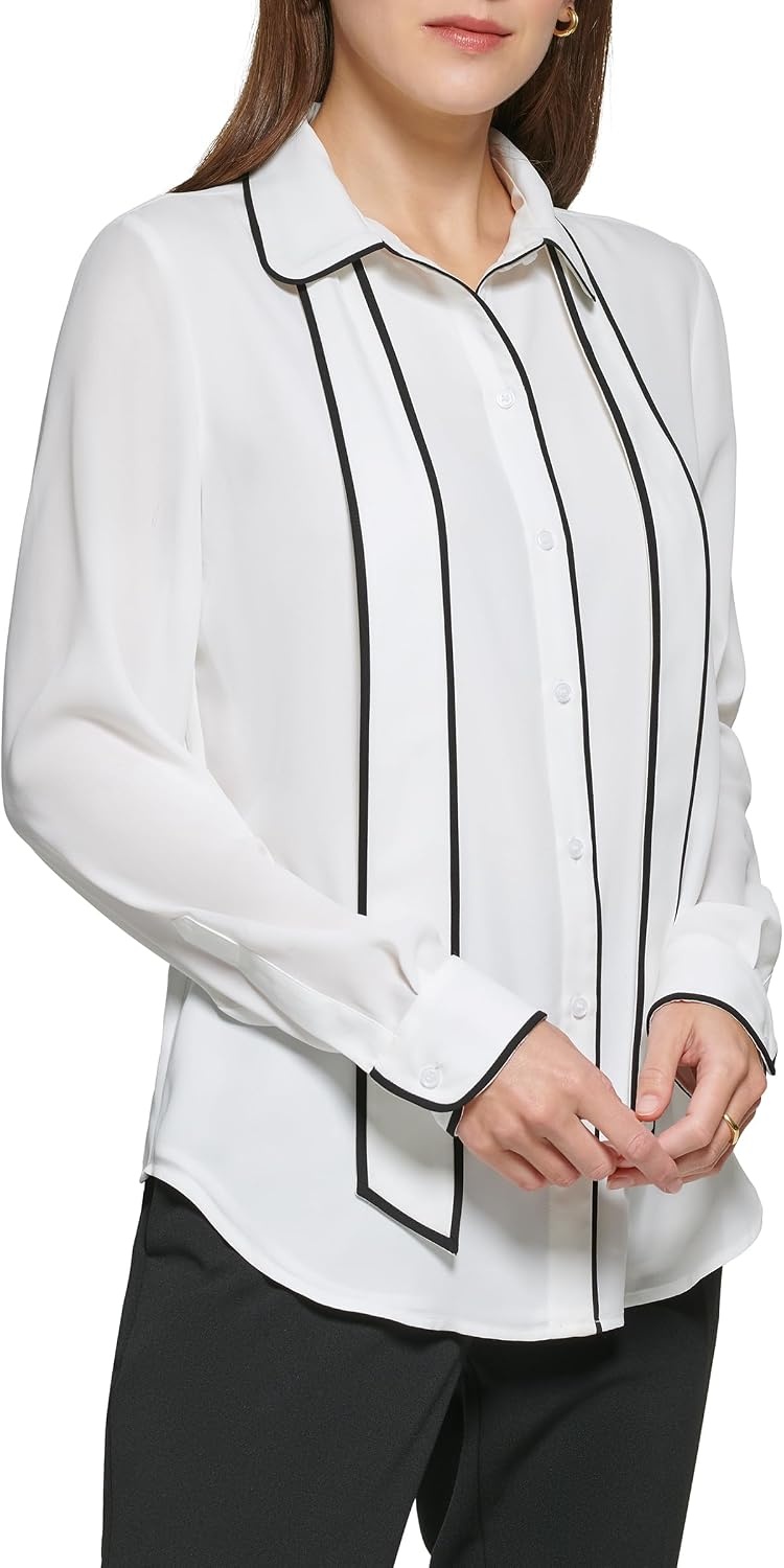 image:imageDKNY Womens Long Sleeve Button Front Collared BlouseWhiteBlack