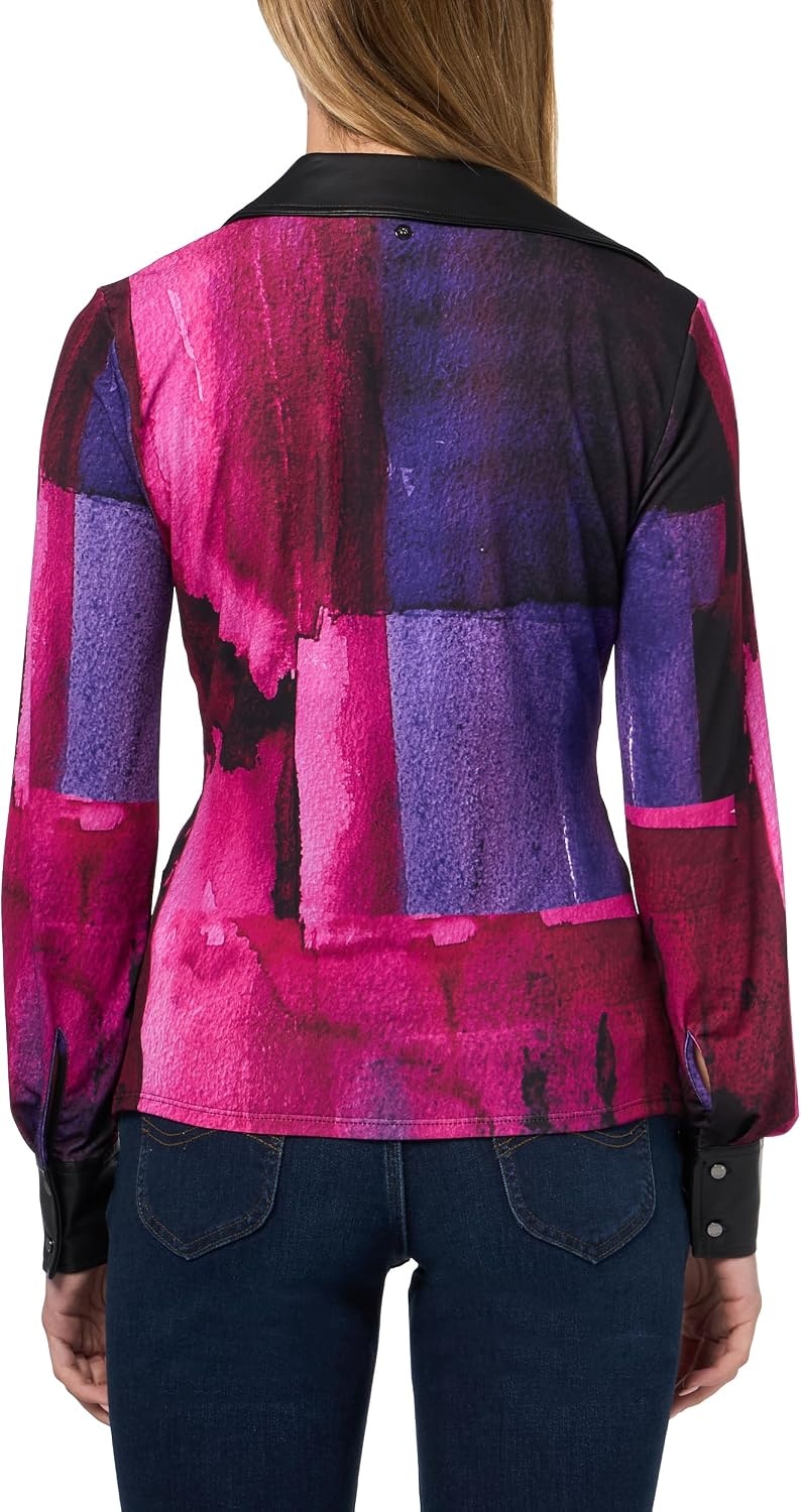 image:imageDKNY Womens Long Sleeve Collared VNeck Jersey BlouseFushiaDark Violet Multi