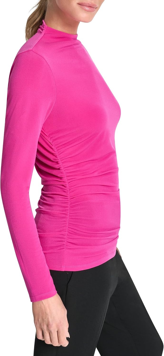 image:imageDKNY Womens Long Sleeve Mock Neck Jersey BlouseFushcia