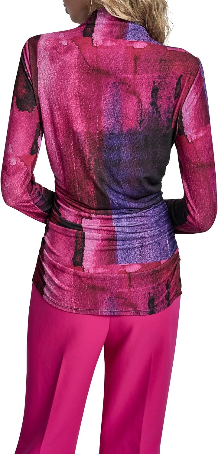 image:imageDKNY Womens Long Sleeve Mock Neck Jersey BlouseFushiaDark Violet Multi