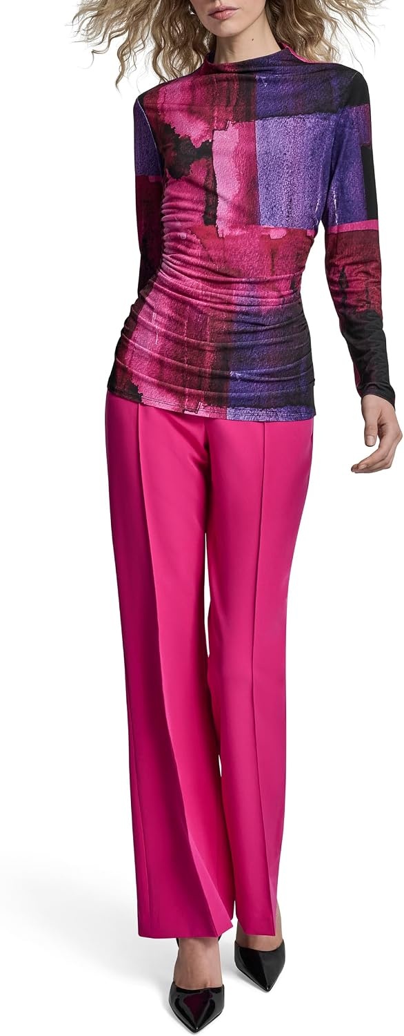 image:imageDKNY Womens Long Sleeve Mock Neck Jersey BlouseFushiaDark Violet Multi