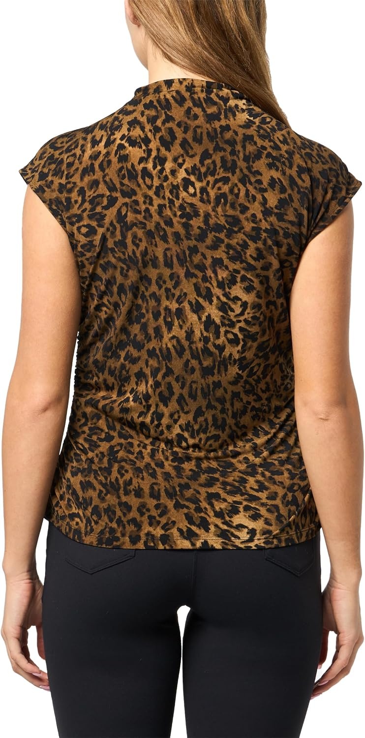 image:imageDKNY Womens Mock Neck Cap Sleeve Jersey Top with Ruched WaistlineTruffle Multi