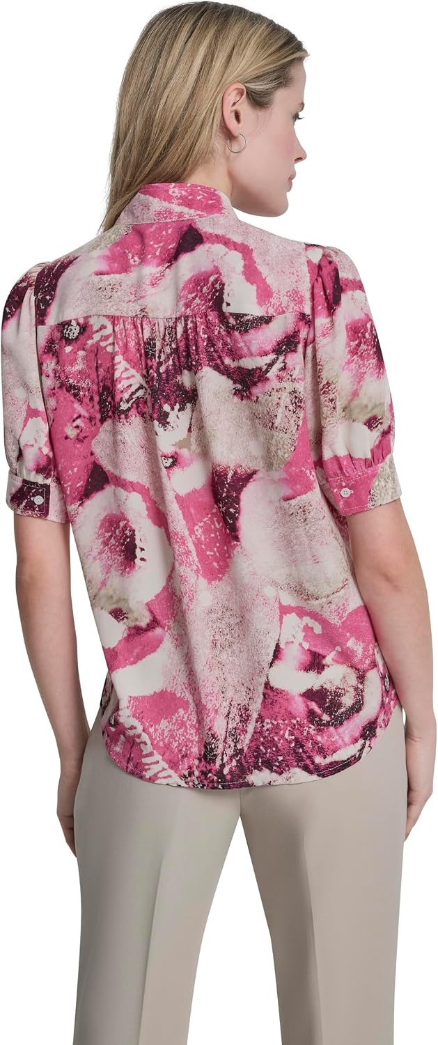image:imageDKNY Womens Puff Sleeve Mandarin Collar BlouseHot PnkPebble Multi