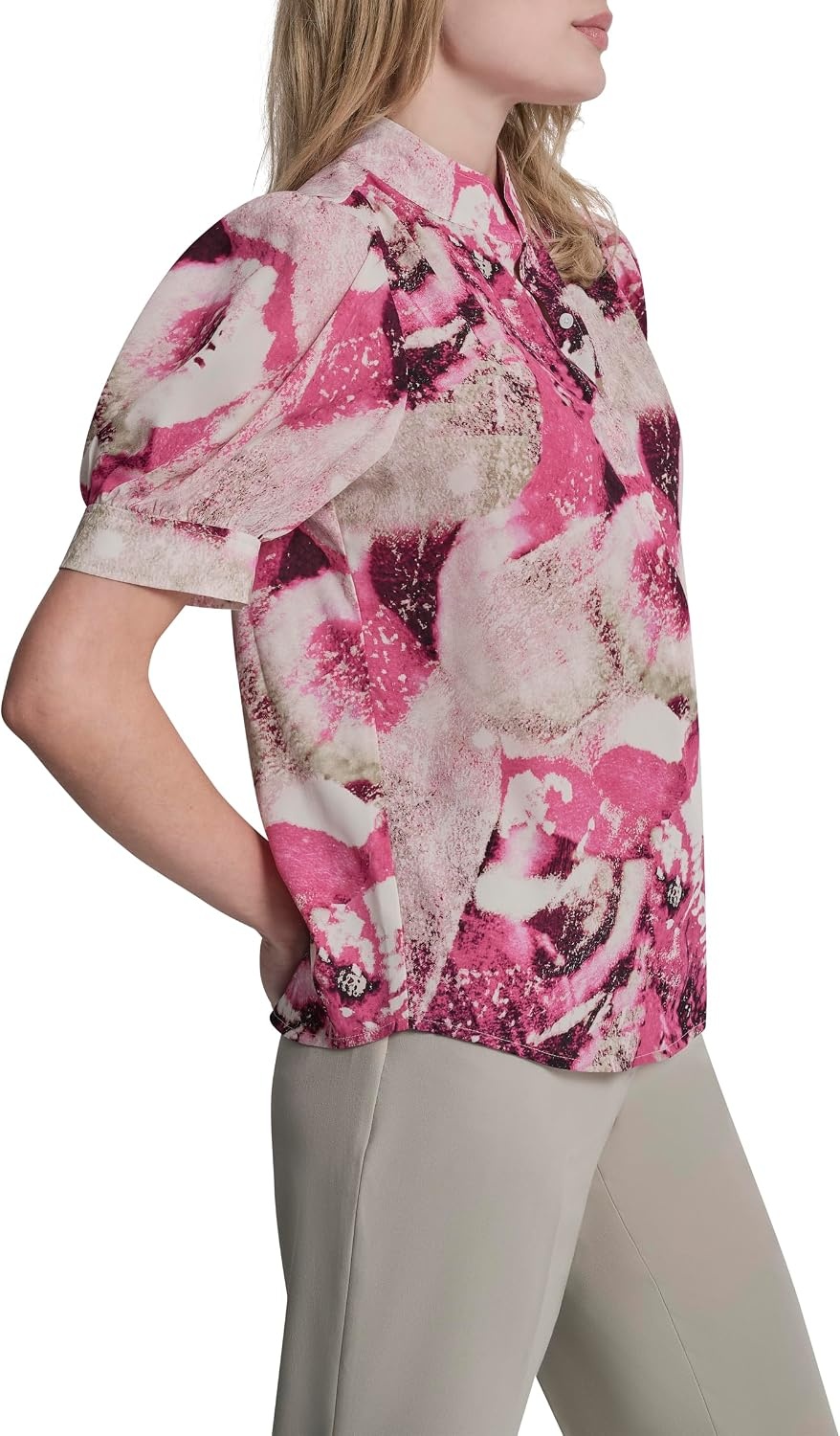 image:imageDKNY Womens Puff Sleeve Mandarin Collar BlouseHot PnkPebble Multi