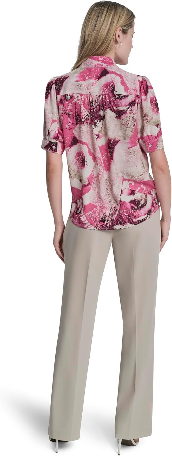 image:imageDKNY Womens Puff Sleeve Mandarin Collar BlouseHot PnkPebble Multi