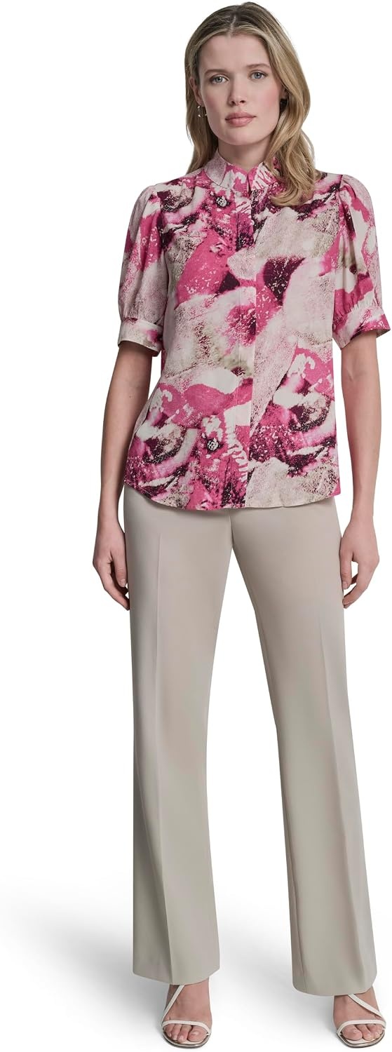 image:imageDKNY Womens Puff Sleeve Mandarin Collar BlouseHot PnkPebble Multi