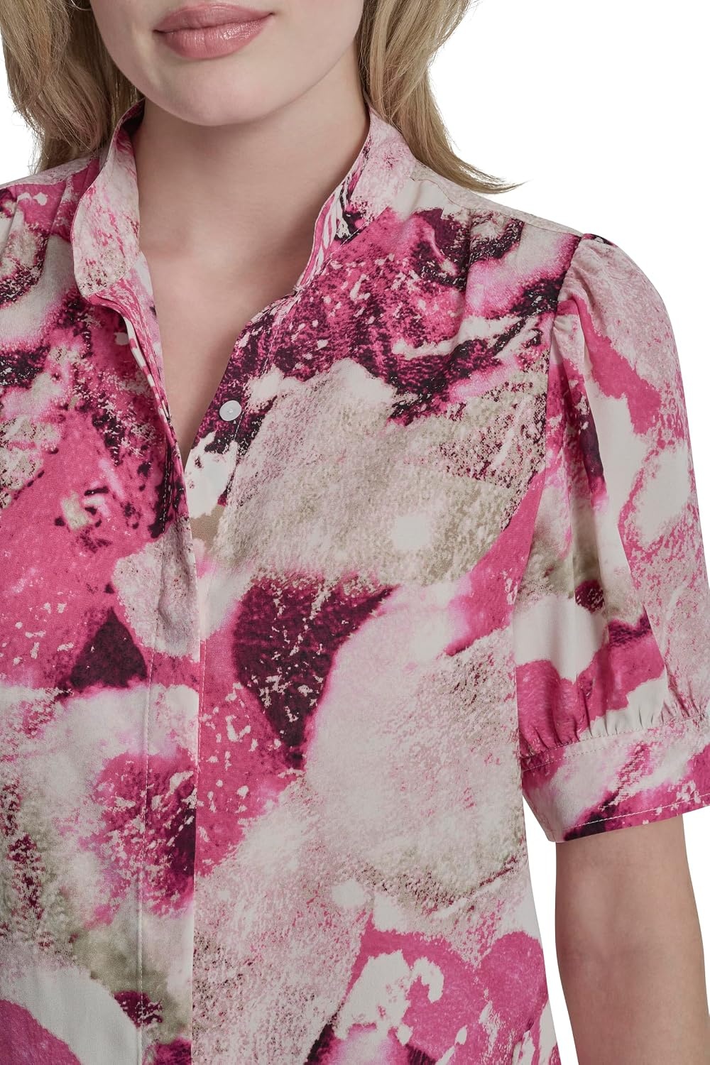 image:imageDKNY Womens Puff Sleeve Mandarin Collar BlouseHot PnkPebble Multi