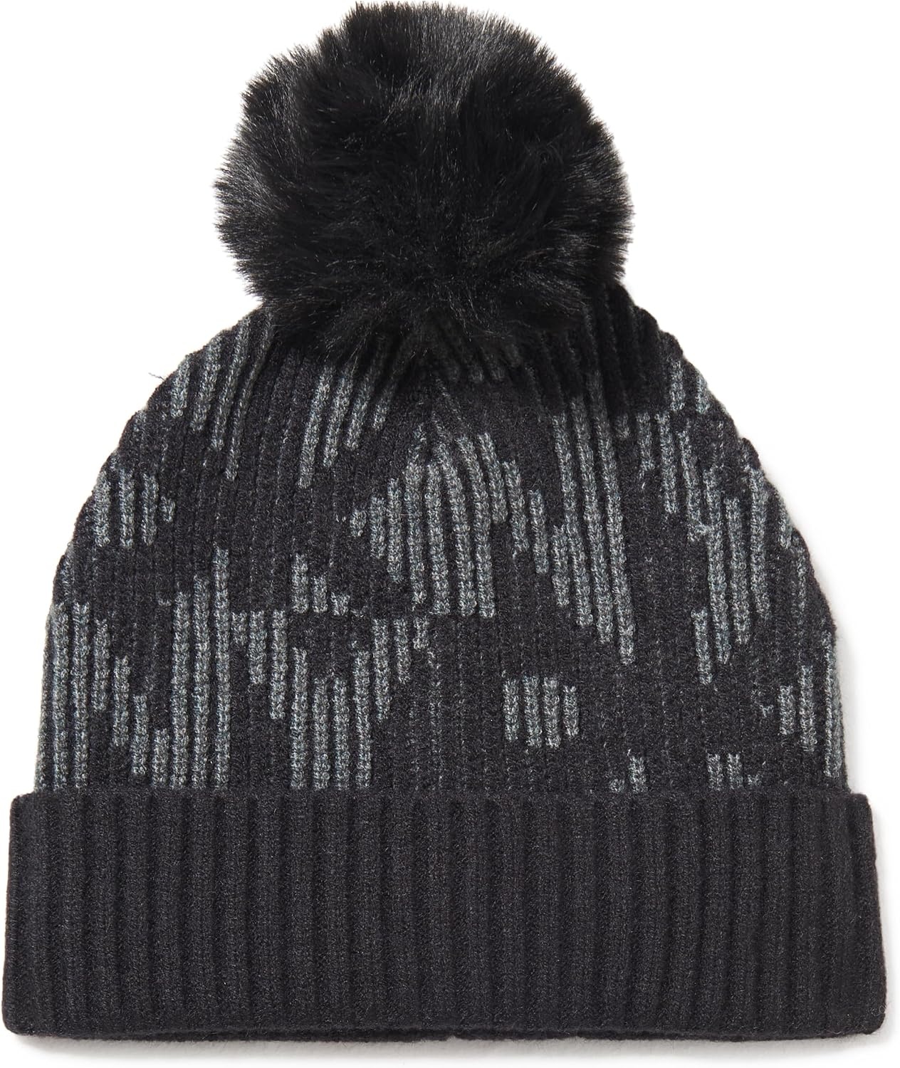 image:imageDKNY Womens Ribbed Logo Faux Fur Pom BeanieCharcoal