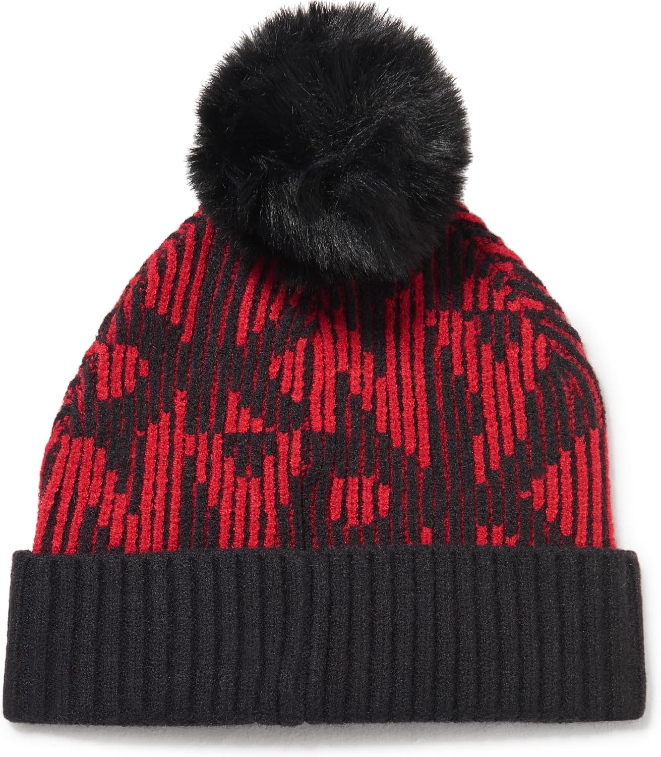 image:imageDKNY Womens Ribbed Logo Faux Fur Pom BeanieRed Light