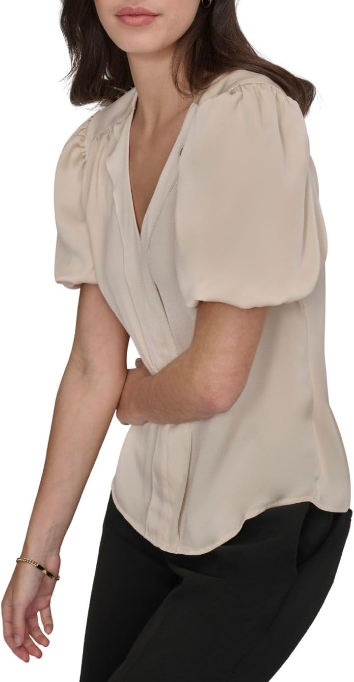 image:imageDKNY Womens Short Puff Sleeve VNeck BlouseLight Fatigue
