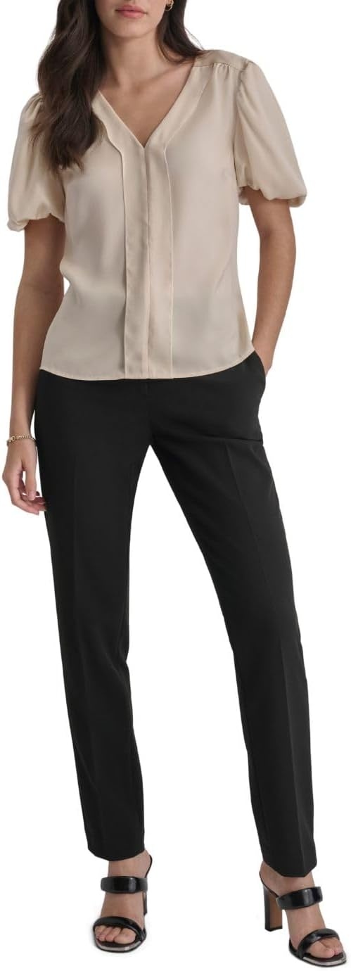 image:imageDKNY Womens Short Puff Sleeve VNeck BlouseLight Fatigue