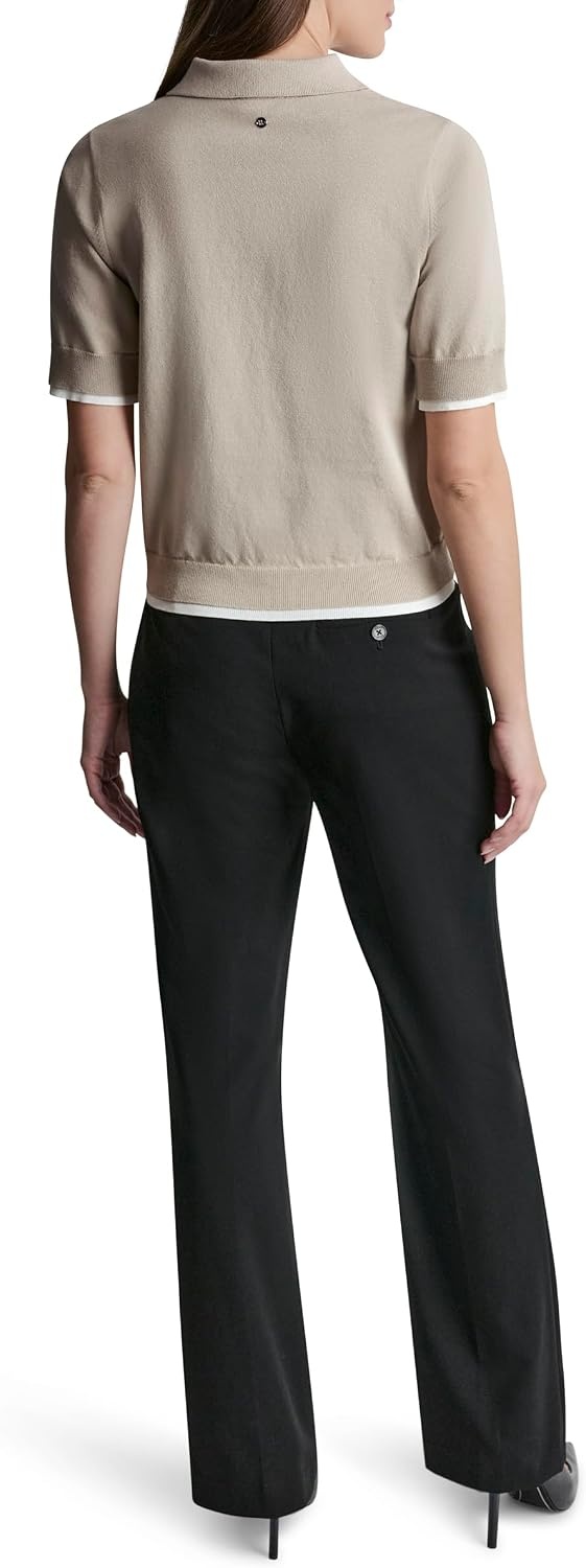 image:imageDKNY Womens Short Sleeve Collared Three Button SweaterPebbleIvory