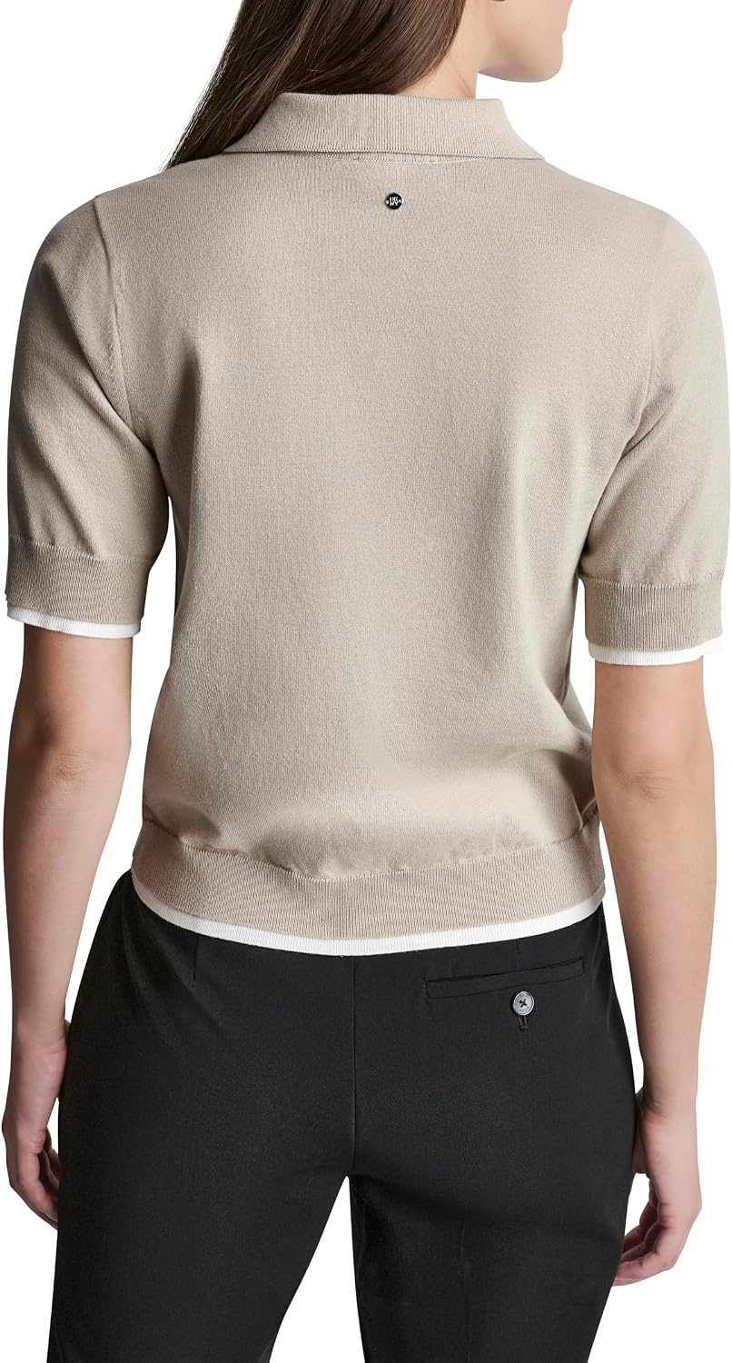 image:imageDKNY Womens Short Sleeve Collared Three Button SweaterPebbleIvory