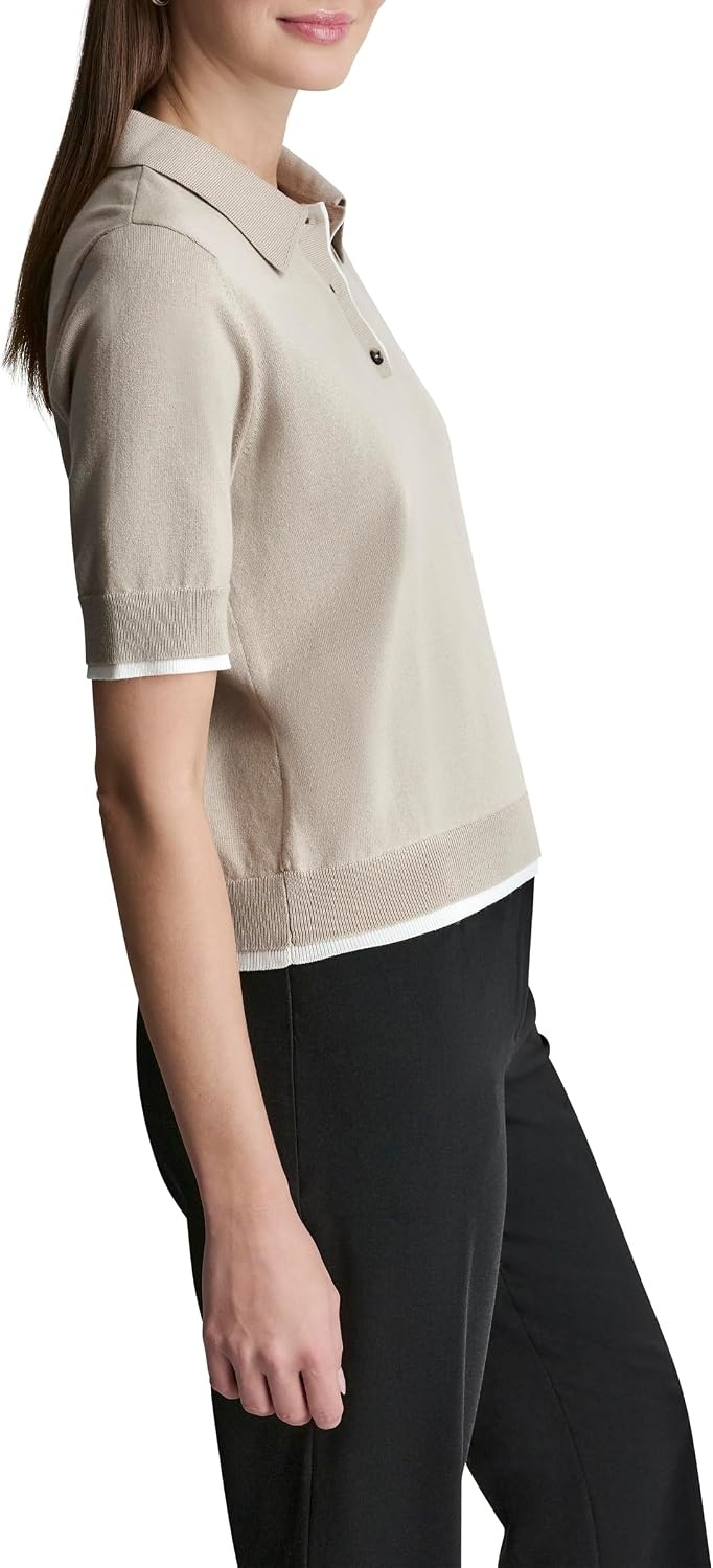 image:imageDKNY Womens Short Sleeve Collared Three Button SweaterPebbleIvory