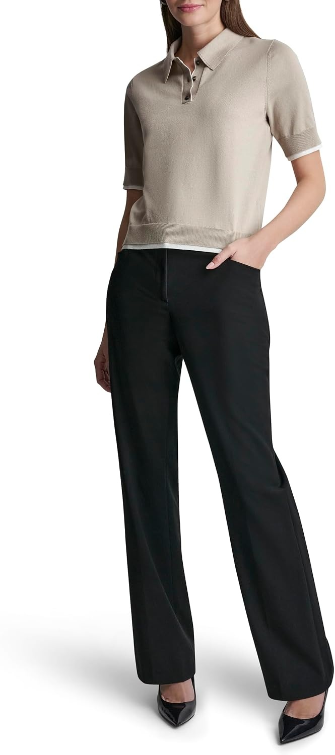 image:imageDKNY Womens Short Sleeve Collared Three Button SweaterPebbleIvory