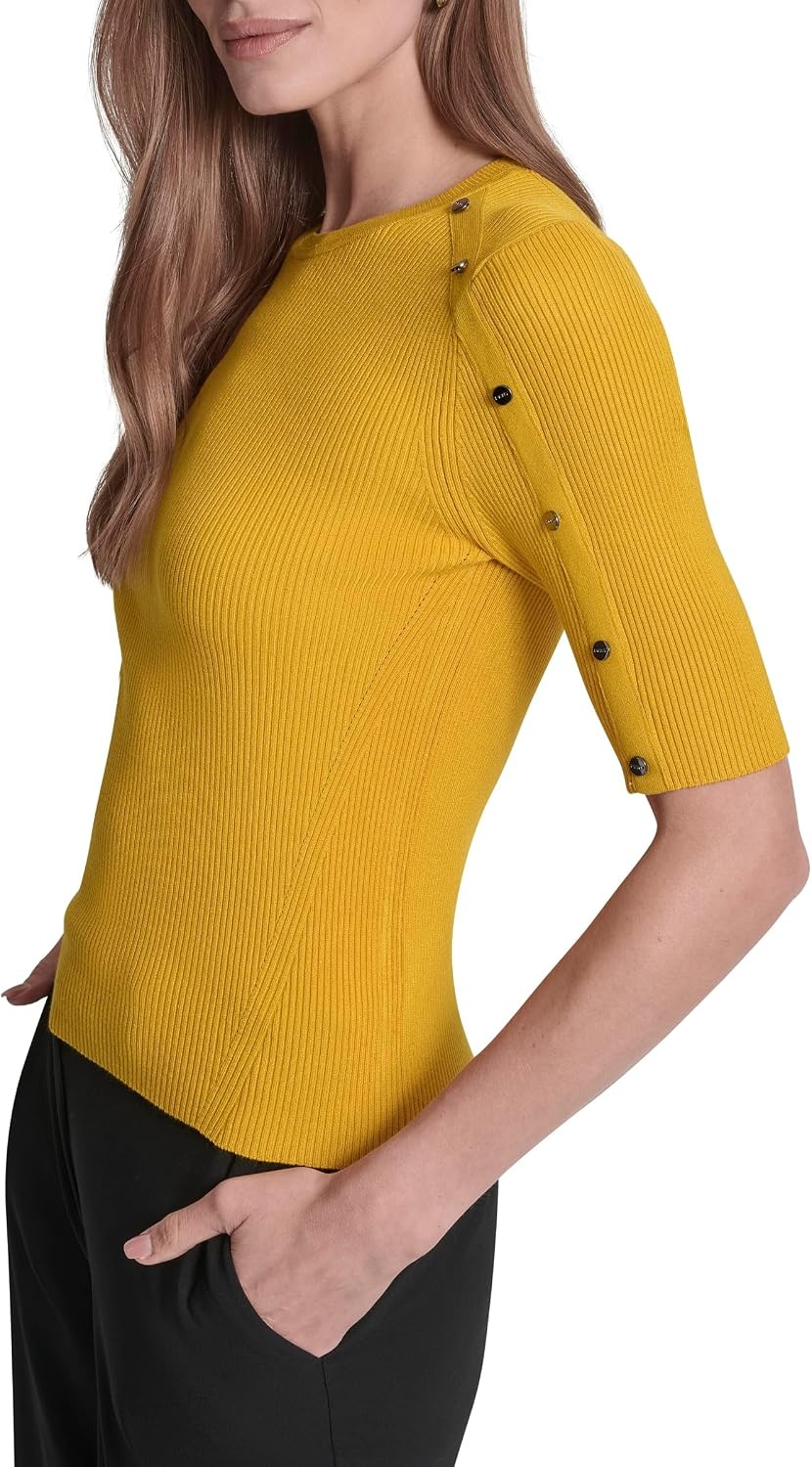 image:imageDKNY Womens Short Sleeve Crew Neck BlouseSunset Yellow
