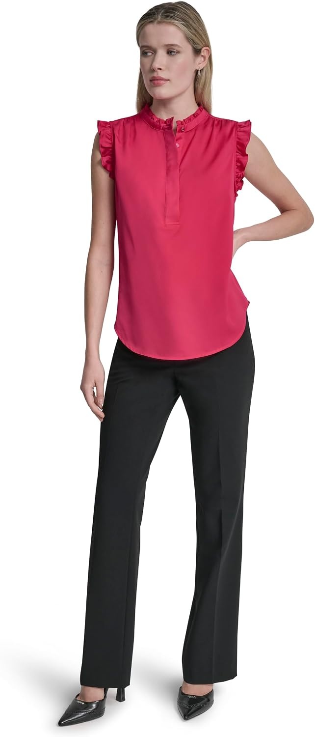 image:imageDKNY Womens Short Sleeve Ruffle Neck BlouseHot Pink
