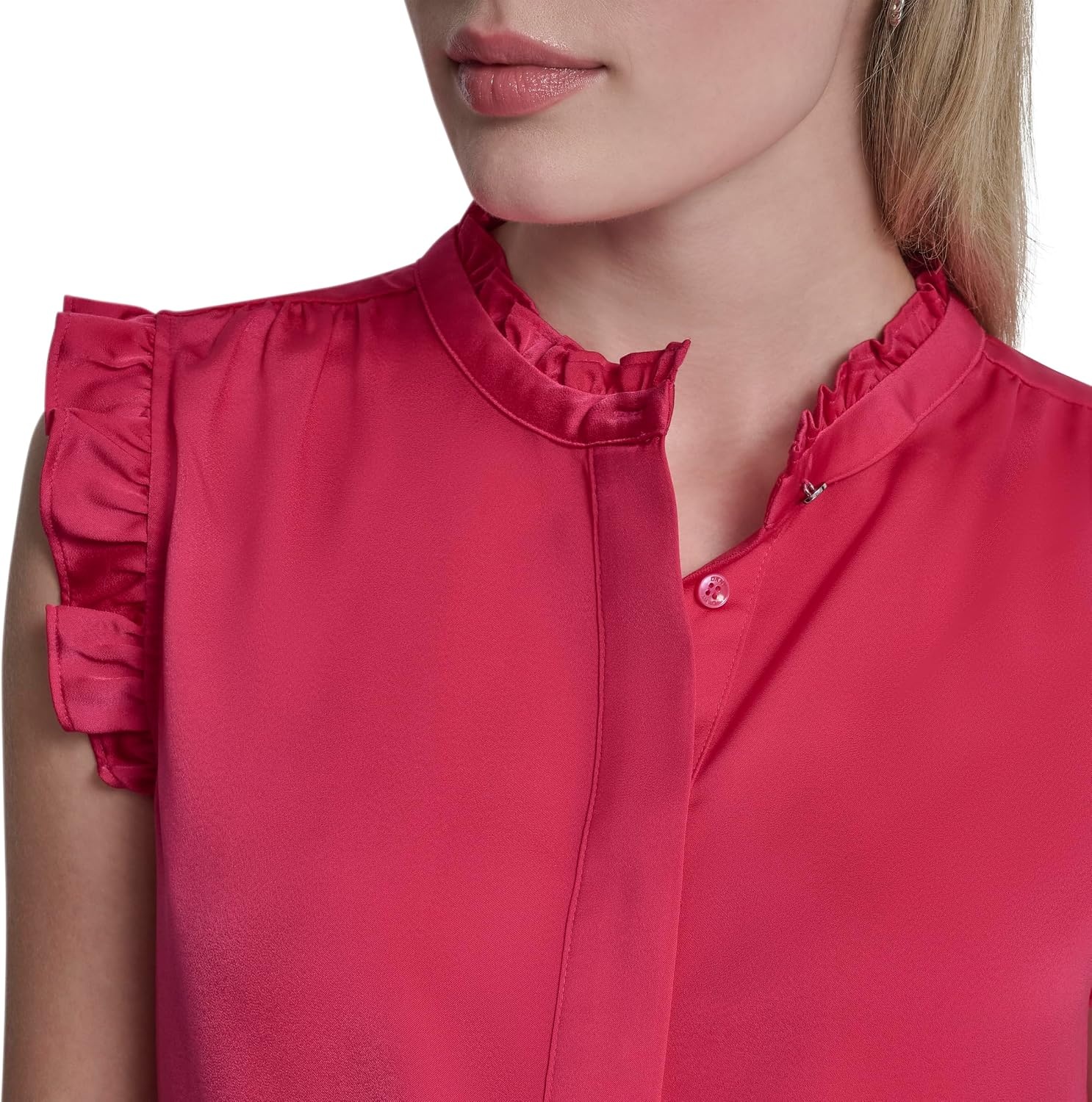 image:imageDKNY Womens Short Sleeve Ruffle Neck BlouseHot Pink