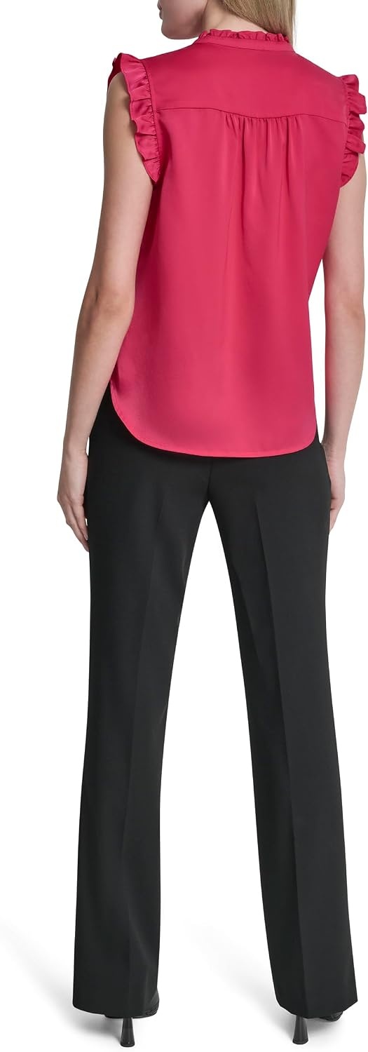 image:imageDKNY Womens Short Sleeve Ruffle Neck BlouseHot Pink