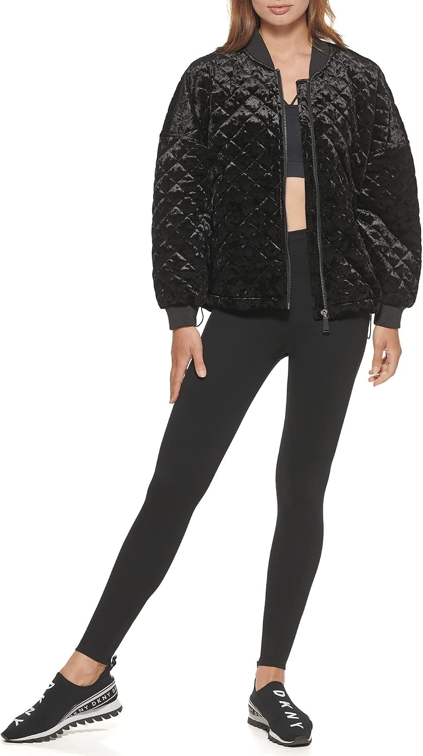 image:imageDKNY Womens Sport Womens JacketBlack Midweight Crushed Velvet Down Bomber Jacket