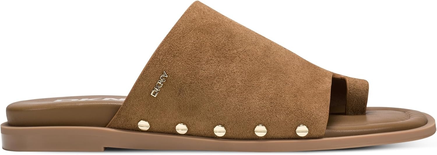 image:imageDKNY womens Colwyn Flat Sandal With Toe Loop and Stud EmbellishmentsAmber